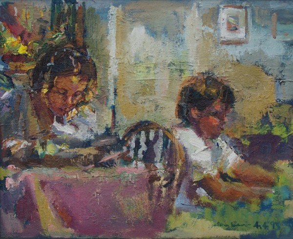 Conversation piece. The artists family in Edwardian house